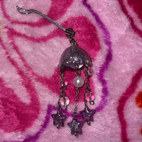 handmade beaded sparkly purple jellyfish phone charm strap keychain - Picture 2 of 2